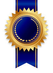 beautiful elegant blank gold and royal blue award seal with blue ribbon emblem symbol vector isolated on transparent background