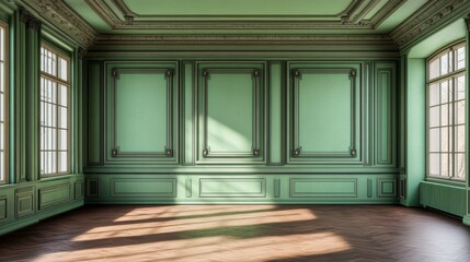 Classic modern green empty interior with blank walls with moldings, stucco and wood floor. 3d render illustration mockup.