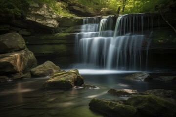 Serene waterfall cascades over mossy rocks in a tranquil forest setting during mid-morning light