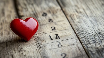 Fototapeta premium Valentines Day background with red heart and wood calendar with number 14. copy space