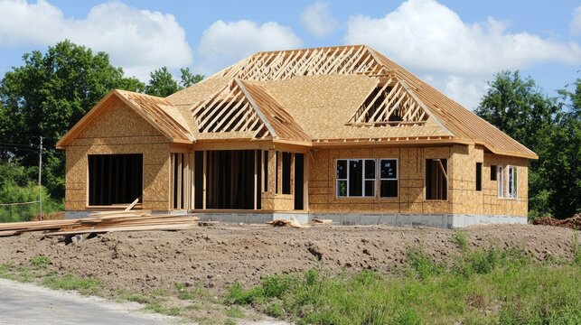 Plywood is being used to cover wooden roofing trusses during a home building project.