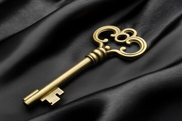 A vintage golden key resting on smooth black fabric, showcasing intricate details.