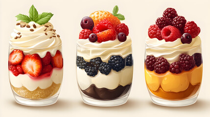Delicious Layered Parfait Dessert with Fresh Berries and Cream - Healthy Summer Treats for Elegant Food Photography