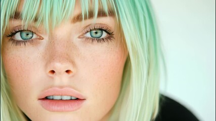 Portrait of nice beautiful young woman with green hair looking at camera and closed her eyes