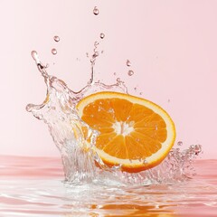 Fresh orange slice creates splashes in clear water against a pastel pink background