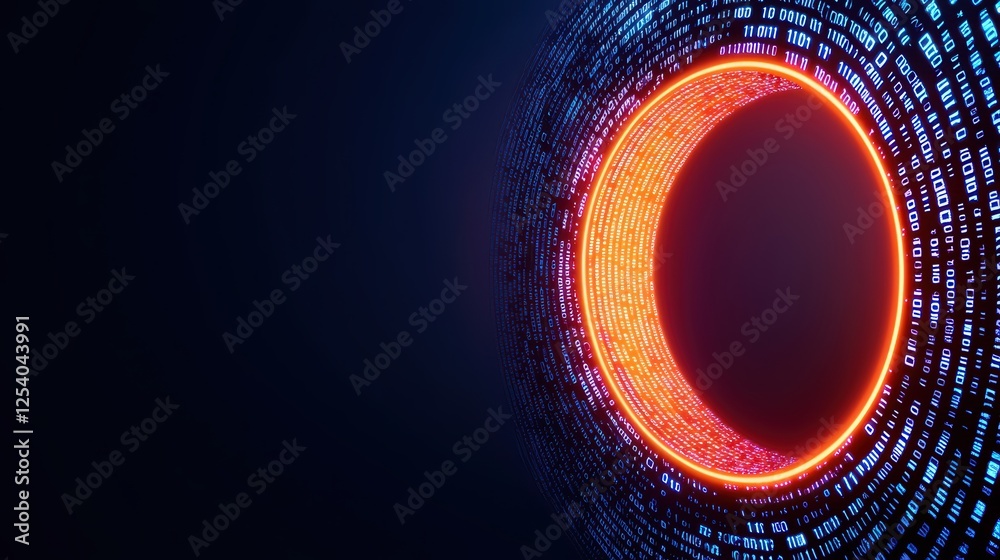 Poster futuristic digital tunnel with glowing binary code and dark background