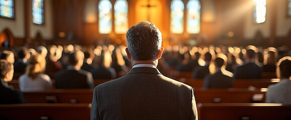 Man in church, congregation behind, sunlight, faith