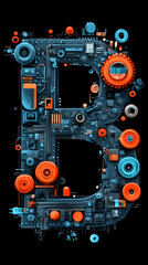 Fototapeta premium <Modern Abstract Circuit Board Art: Futuristic Technology and Geometric Shapes in Blue and Orange>