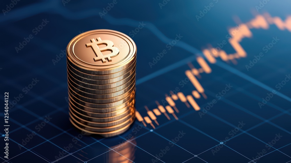 Poster stacked bitcoin coins with graph showing value increase and trends