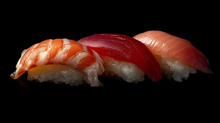 A trio of fresh nigiri sushi featuring vibrant seafood atop perfectly formed rice, shot against a stark black backdrop.