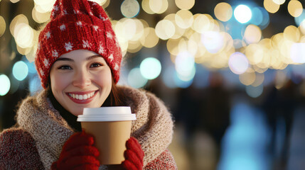 smiling woman in red hat enjoys warm drink in festive setting