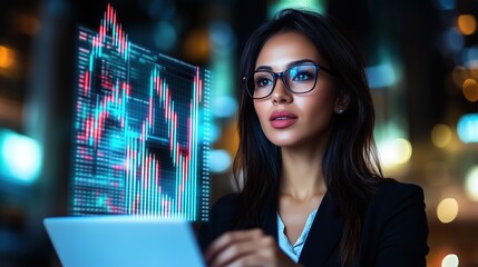 professional woman wearing glasses intently reviews stock market data displayed on her tablet. Bright lights and cityscapes provide a dynamic backdrop to her focused expression