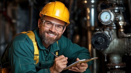 skilled worker in a green uniform and yellow helmet stands beside a machine, smiling while taking notes on a clipboard. background shows industrial equipment and gauges
