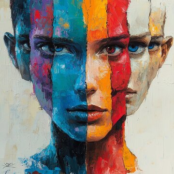 Faces in vibrant colors express diverse emotions and identities in a captivating artwork