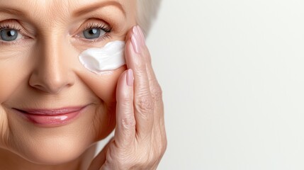 mature woman gently applies moisturizing cream to her face, demonstrating a skincare routine. Soft lighting highlights her features, reflecting a sense of calm and rejuvenation