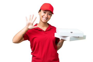 pizza delivery woman with work uniform picking up pizza boxes over isolated chroma key background counting five with fingers
