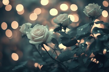 A close-up of delicate roses with a soft bokeh effect in the background.
