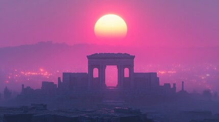 Fototapeta premium Stunning Pink Sunset Over Iconic Ruins Landscape Silhouette with Glowing Sun and Misty Horizon, Capturing Breathtaking Historic Architecture and Nature Harmony