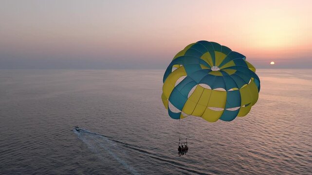 A trio is parasailing over the ocean at sunset, towed by a boat.