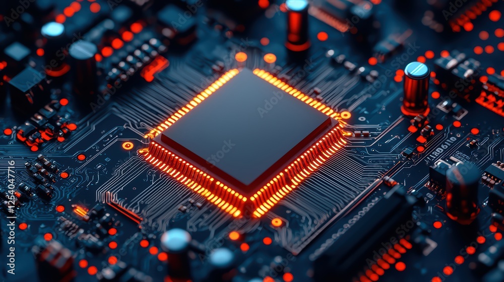 Poster close-up view of circuit board with illuminated microchip design