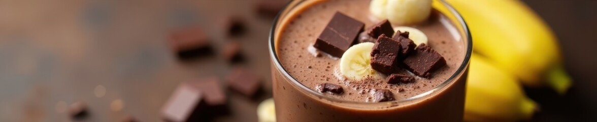 Rich chocolate smoothie, banana slices, chocolate chunks, homemade, fruit, chocolatey