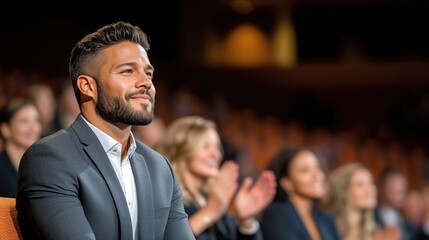 well-dressed man sits attentively at a formal event, smiling as he observes the audience around him, who are clapping enthusiastically in appreciation of the presentation