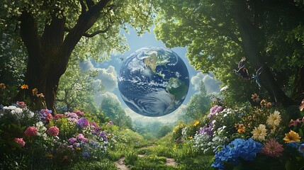 Earth with trees, flowers, and wildlife for Earth Day