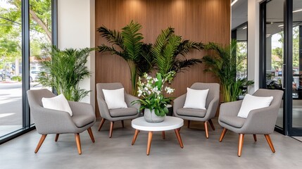 Obraz premium Comfortable chairs arranged around a small table create a welcoming waiting area filled with natural light from large windows and enhanced by lush greenery