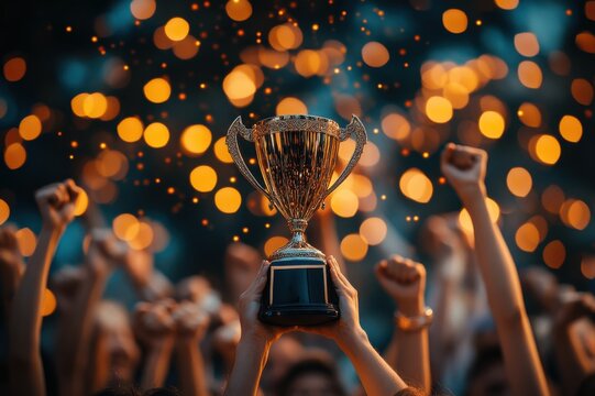 Victorious celebration of champions sports event city park trophy presentation crowd view triumph and achievement