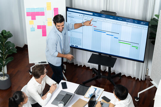 Project manager communicate and collaborate with team using project management software display on monitor, tracking progress of project task and making schedule plan at meeting table. Prudent