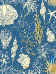 Seashells sea life pattern, white and gold simple seamless drawing, blue background