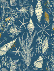Seashells sea life pattern, white and gold simple seamless drawing, blue background