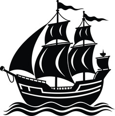 Black and White Sailing Ship, Vintage Maritime Vessel Illustration