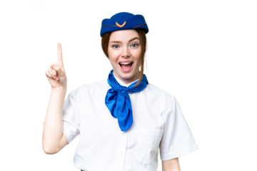 Airplane stewardess over isolated chroma key background intending to realizes the solution while lifting a finger up