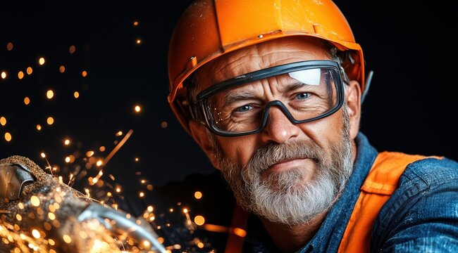 seasoned worker performs metal cutting in a workshop, sparks flying from the equipment. Wearing safety gear, he combines expertise and focus under dim lighting - Powered by Adobe