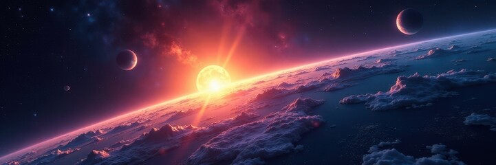 Stunning Earthrise over a breathtaking nebula, planetary ring system visible , Earth, universe, light