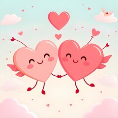 Two cute cartoon hearts with happy faces, holding hands, floating in a pastel sky with fluffy clouds and tiny cupid arrows