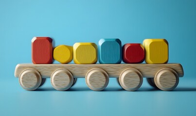 Wooden Toy Train with Colorful Blocks on a Solid Light Blue Background