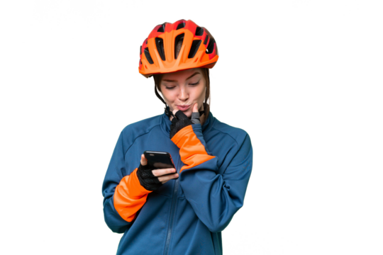 Young cyclist woman over isolated chroma key background thinking and sending a message