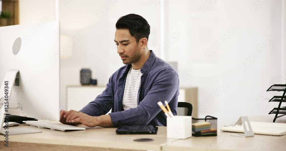 Fototapete typing, businessman at desk with computer and research on tablet for online article, review or probl