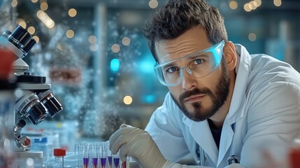scientist in a lab coat examines colorful liquids in test tubes while wearing protective goggles and gloves. laboratory is filled with equipment and a focused atmosphere