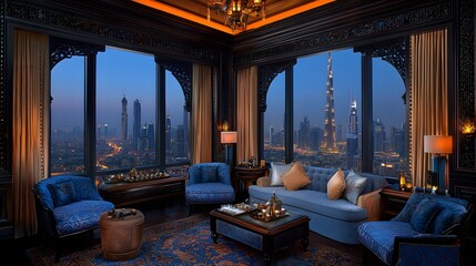 Obraz premium Luxurious Apartment Featuring Stunning Dubai Skyline View
