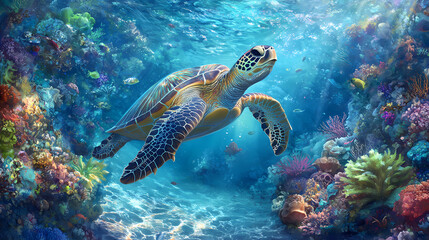 Fototapeta premium Underwater scene with a sea turtle swimming in clear blue waters, emphasizing the beauty of marine life and the peacefulness of the ocean. Glass-Encased Ecosystems. Illustration