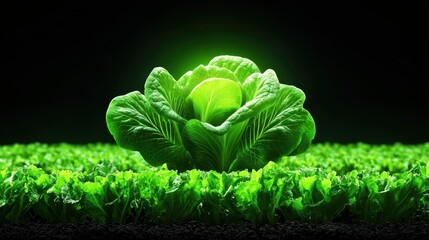 Fototapeta premium Fresh Green Lettuce Growing in a Dark Background with Vibrant Glow