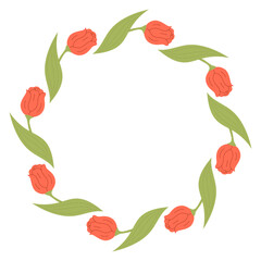 Round Frame with Red Tulip. Festive Decoration Circle Border Card with Spring Flowers. Vector illustration