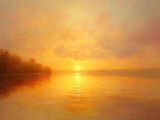 Obraz premium Sun rising and setting evenly over peaceful lake during Spring Equinox