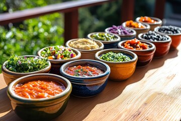 Colorful handcrafted salsa varieties in bright sunlight outdoor dining experience dynamic side angle view of fresh ingredients