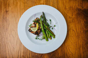Plated salmon and asparagus