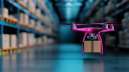 Obraz premium pink drone with package over stacked cardboard boxes, warehouse background