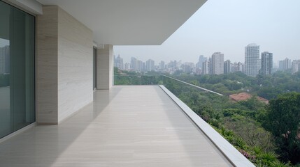 Fototapeta premium Modern balcony overlooking city skyline, green trees. Real estate marketing